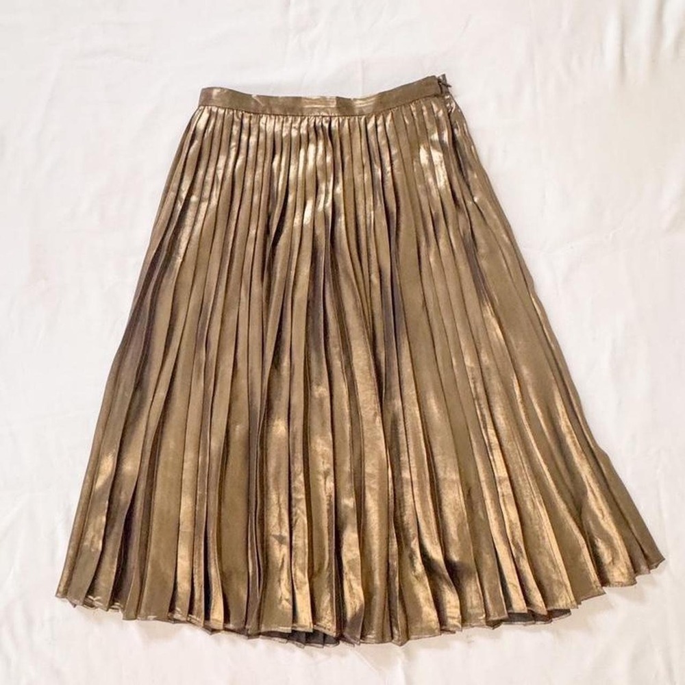 Ann Taylor Chic gold lamé pleated midi skirt womens size XS